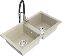 Mexen Mario Granitspüle 2-beckig mit Küchenarmatur Aster, beige - 6504-69-73450-07