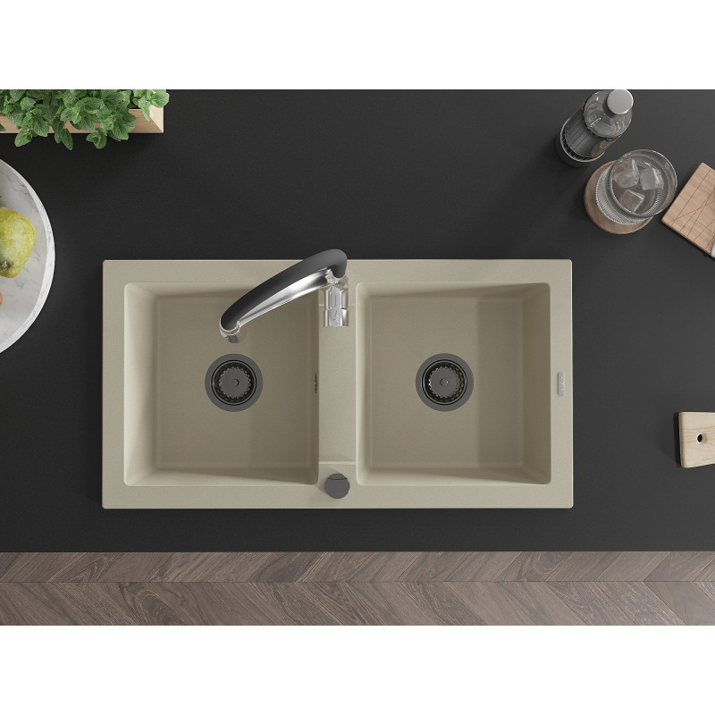 Mexen Mario fregadero de granito de 2 cubetas con grifo de cocina Aster, beige - 6504-69-73450-07-B