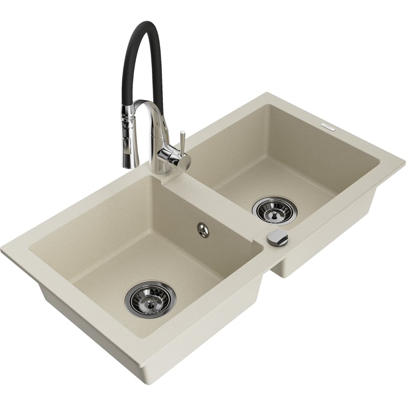Mexen Mario 2-bowl granite sink with Aster kitchen faucet, beige - 6504-69-73450-07-B
