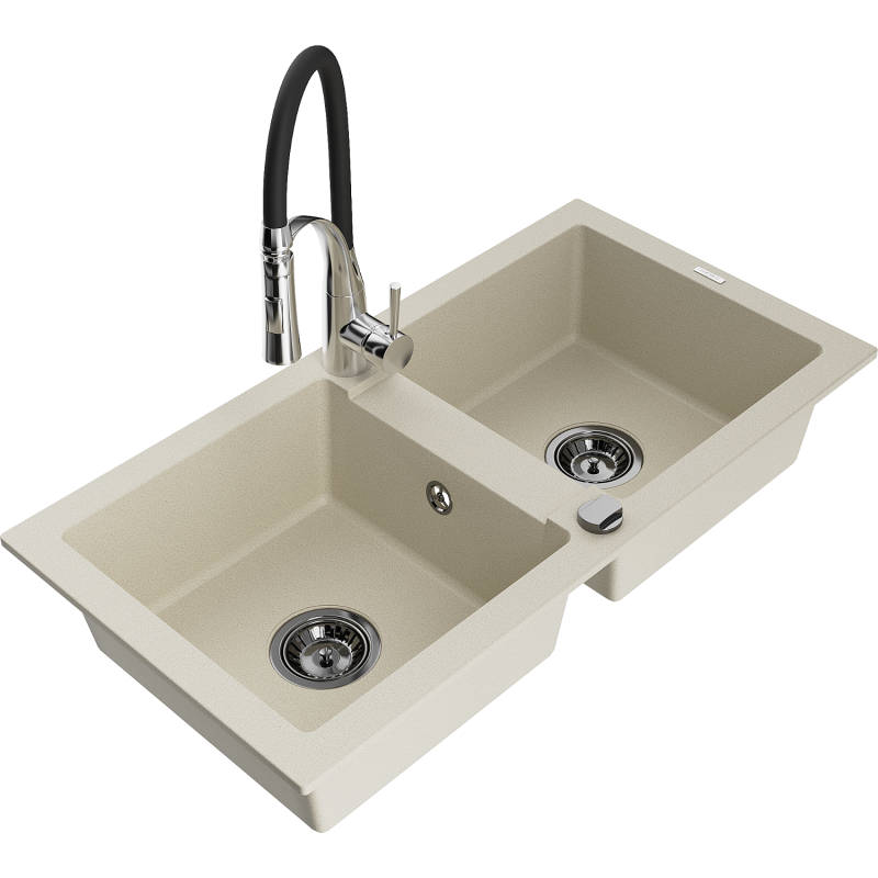 Mexen Mario fregadero de granito de 2 compartimentos con grifo de cocina Aster, beige - 6504-69-73450-07-B