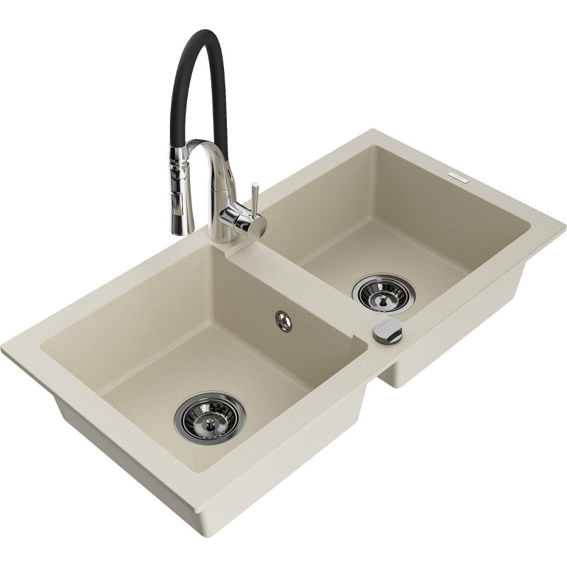 Mexen Mario granitische spoelbak met 2 kamers en keukenmengkraan Aster, beige - 6504-69-73450-07-B