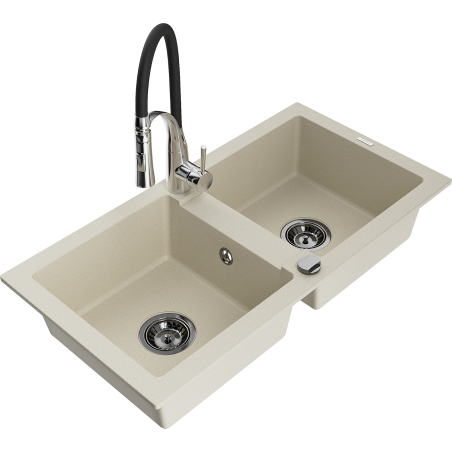 Mexen Mario 2-bowl granite sink with Aster kitchen faucet, beige - 6504-69-73450-07-B