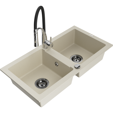 Mexen Mario évier de cuisine en granit à 2 cuves avec robinet de cuisine Aster, beige - 6504-69-73450-07-B