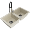 Mexen Mario 2-bowl granite sink with Aster kitchen faucet, beige - 6504-69-73450-07-B