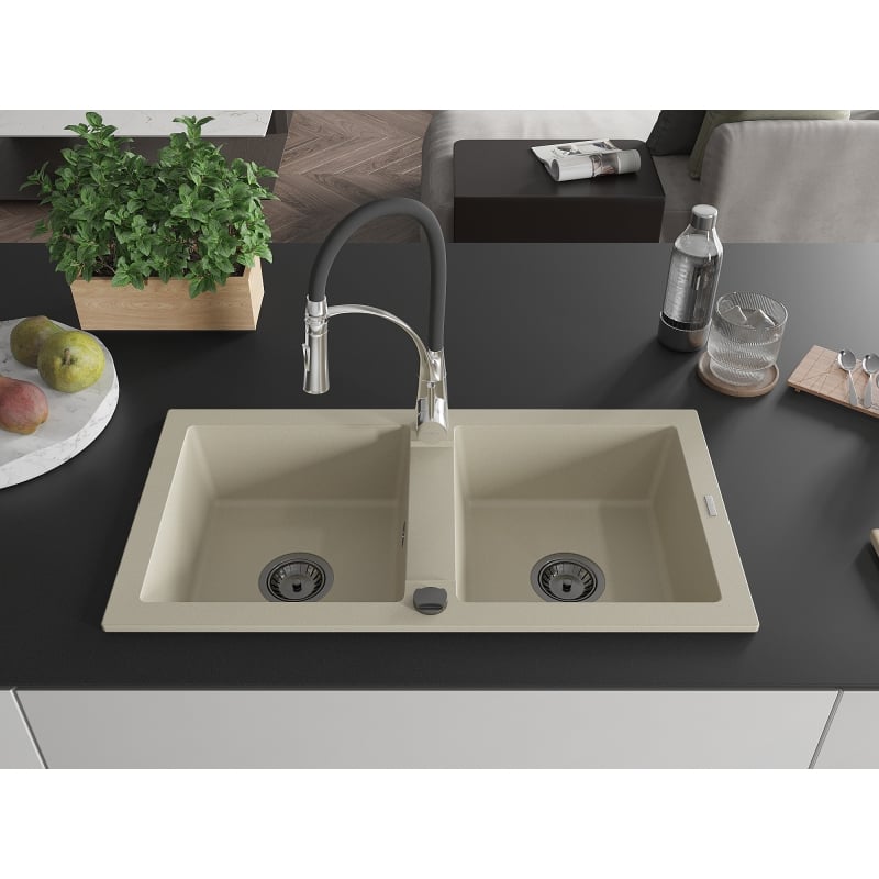 Mexen Mario 2-bowl granite sink with Aster kitchen faucet, beige - 6504-69-73450-07-B