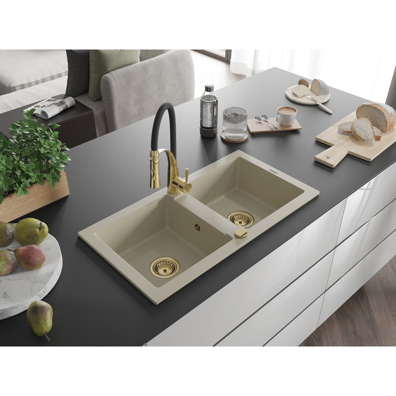 Mexen Mario Granitspüle 2-Kammern mit Küchenarmatur Aster, beige - 6504-69-73450-57-G