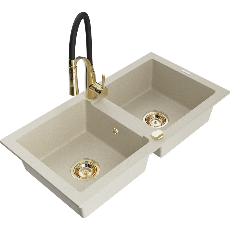 Mexen Mario fregadero de granito de 2 cubetas con grifo de cocina Aster, beige - 6504-69-73450-57-G