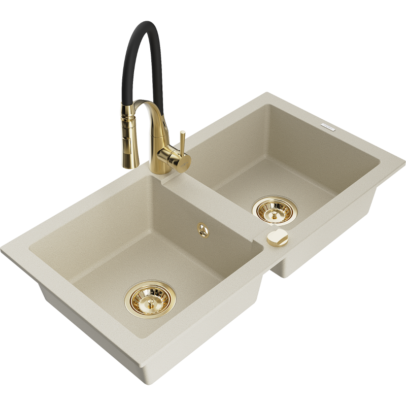 Mexen Mario Granitspüle 2-beckig mit Küchenarmatur Aster, beige - 6504-69-73450-57-G