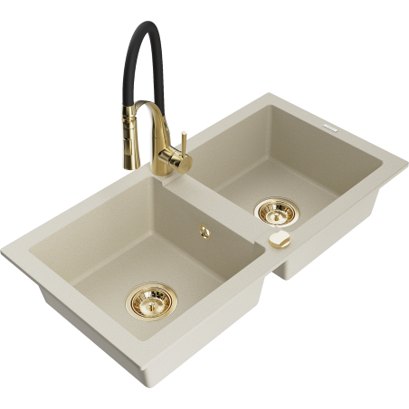 Mexen Mario 2-bowl Granite Sink with Aster Kitchen Tap, Beige - 6504-69-73450-57-G