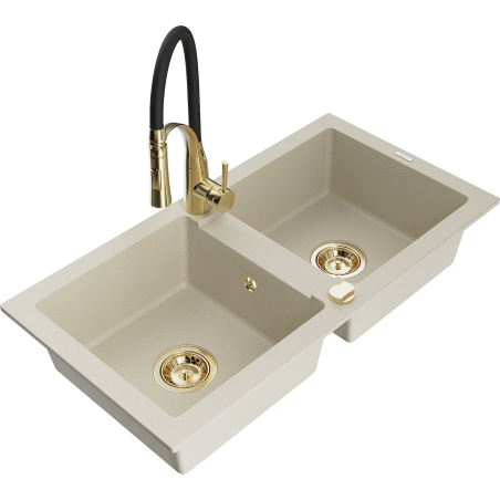 Mexen Mario fregadero de granito de 2 compartimentos con grifo de cocina Aster, beige - 6504-69-73450-57-G