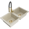 Mexen Mario fregadero de granito de 2 cubetas con grifo de cocina Aster, beige - 6504-69-73450-57-G