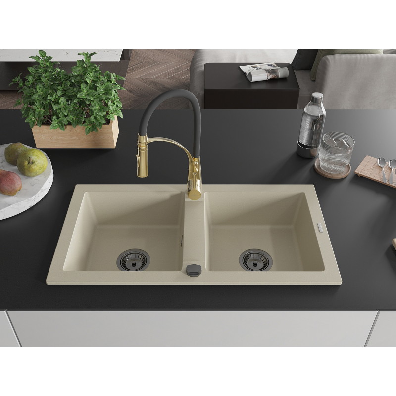 Mexen Mario fregadero de granito de 2 cubetas con grifo de cocina Aster, beige - 6504-69-73450-57-B