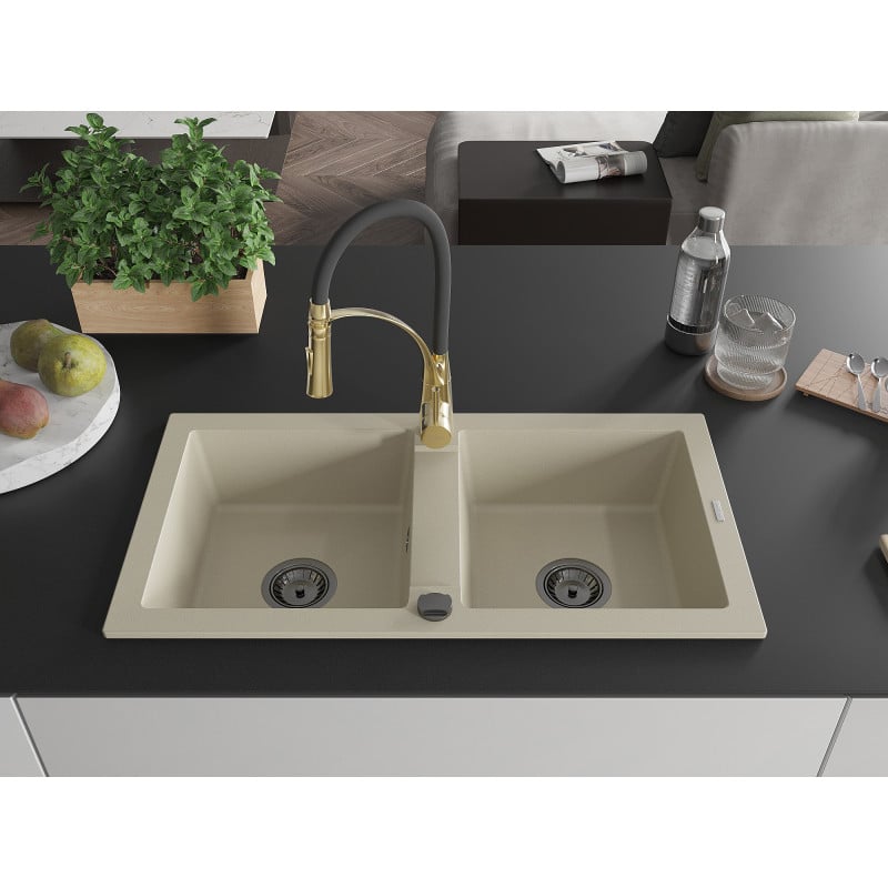 Mexen Mario fregadero de granito de 2 senos con grifo de cocina Aster, beige - 6504-69-73450-57-B
