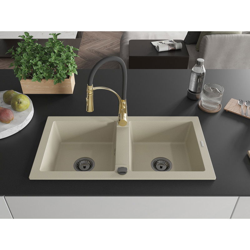 Mexen Mario lavello da cucina in granito a 2 vasche con rubinetto Aster, beige - 6504-69-73450-57-B