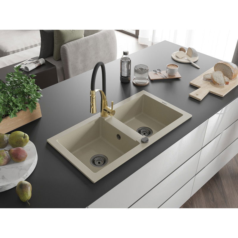 Mexen Mario lavello da cucina in granito a 2 vasche con rubinetto Aster, beige - 6504-69-73450-57-B