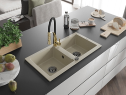 Mexen Mario granite double-bowl kitchen sink with Aster faucet, beige - 6504-69-73450-57-B