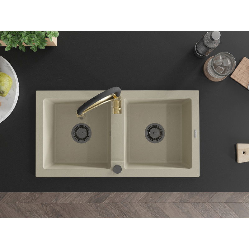 Mexen Mario évier en granit 2 bacs avec mitigeur de cuisine Aster, beige - 6504-69-73450-57-B