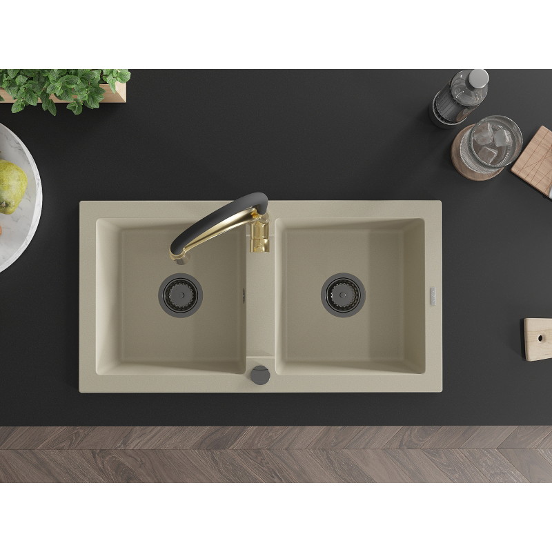 Mexen Mario fregadero de granito de 2 cubetas con grifo de cocina Aster, beige - 6504-69-73450-57-B