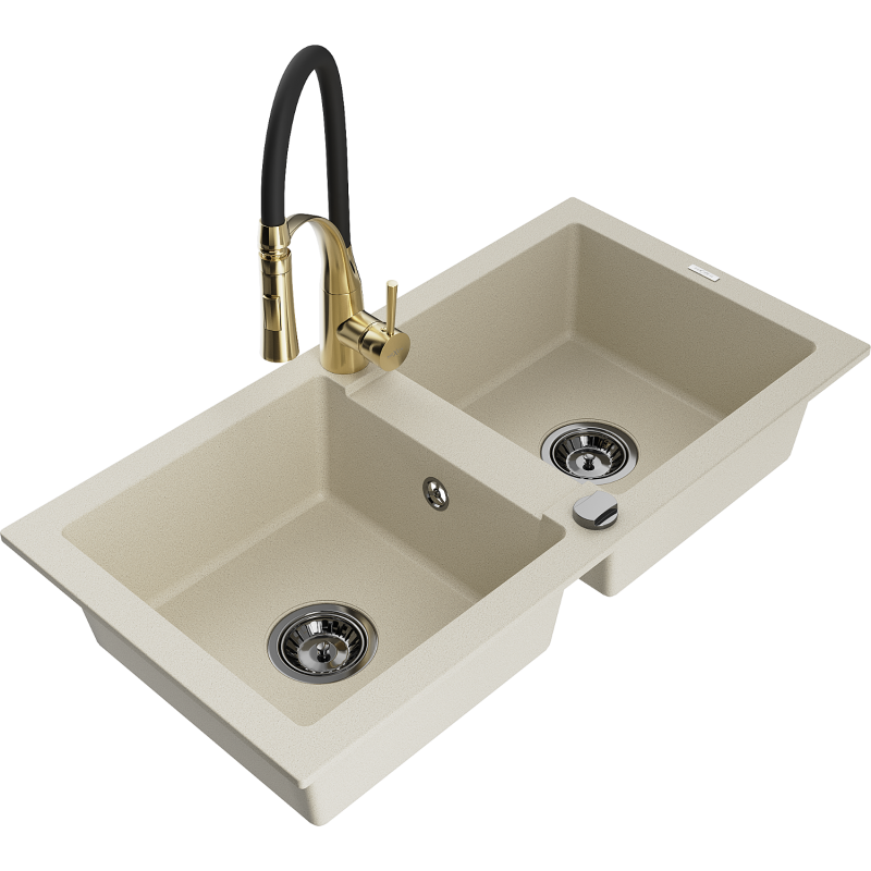 Mexen Mario fregadero de granito de 2 senos con grifo de cocina Aster, beige - 6504-69-73450-57-B