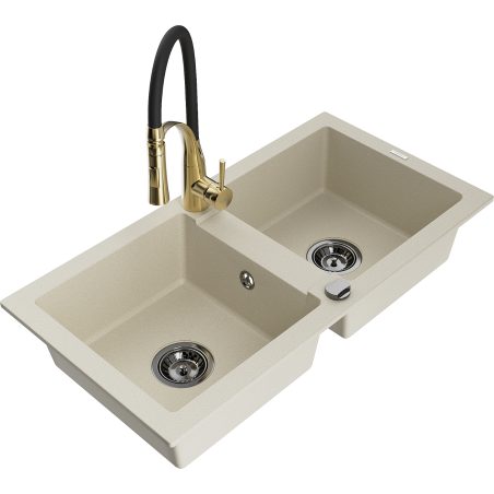 Mexen Mario Granitspüle 2-Becken mit Küchenarmatur Aster, beige - 6504-69-73450-57-B