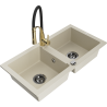 Mexen Mario lavello da cucina in granito a 2 vasche con rubinetto Aster, beige - 6504-69-73450-57-B