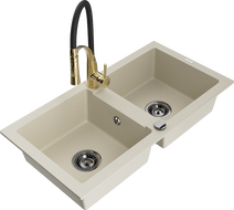 Mexen Mario fregadero de granito de 2 senos con grifo de cocina Aster, beige - 6504-69-73450-57-B