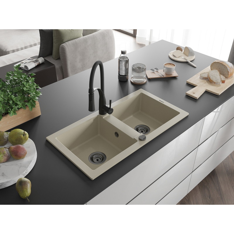 Mexen Mario 2-Kammer-Granitsküle mit Küchenarmatur Aster, beige - 6504-69-73450-70-B