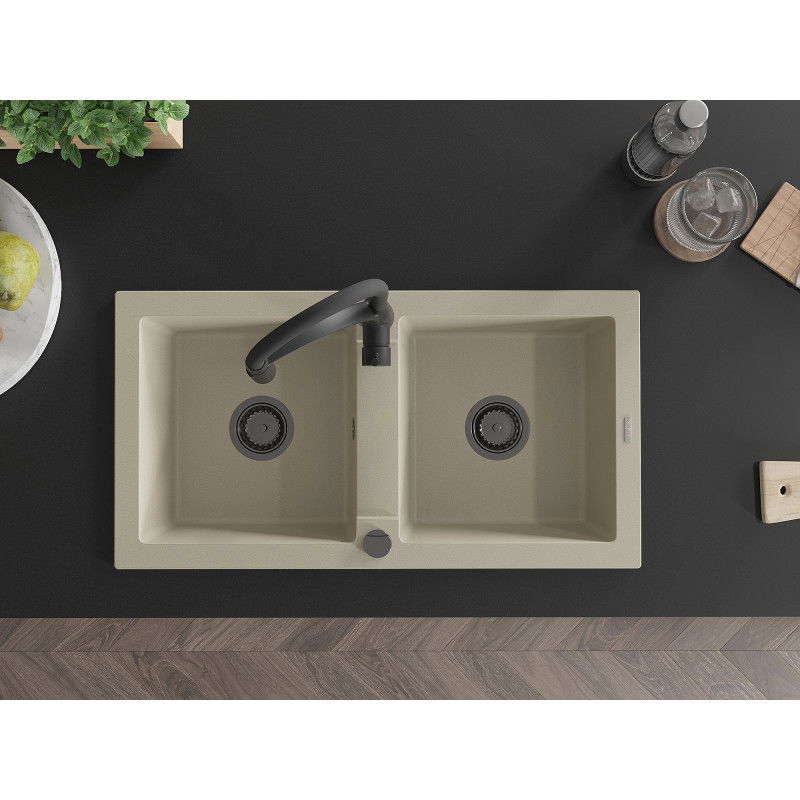 Mexen Mario évier en granit à 2 cuves avec mitigeur de cuisine Aster, beige - 6504-69-73450-70-B