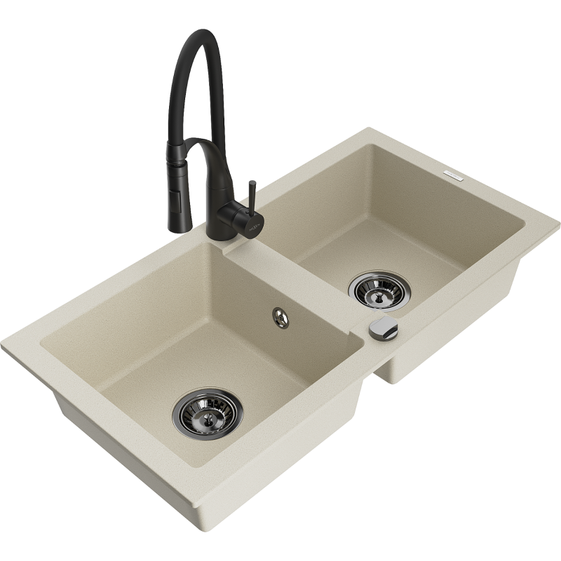 Mexen Mario 2-bowl granite kitchen sink with Aster tap, beige - 6504-69-73450-70-B