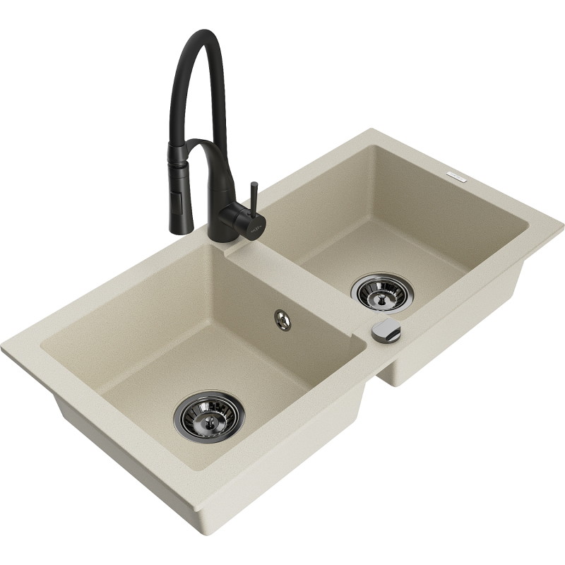 Mexen Mario granitische gootsteen met 2 kamers en keukenmengkraan Aster, beige - 6504-69-73450-70-B
