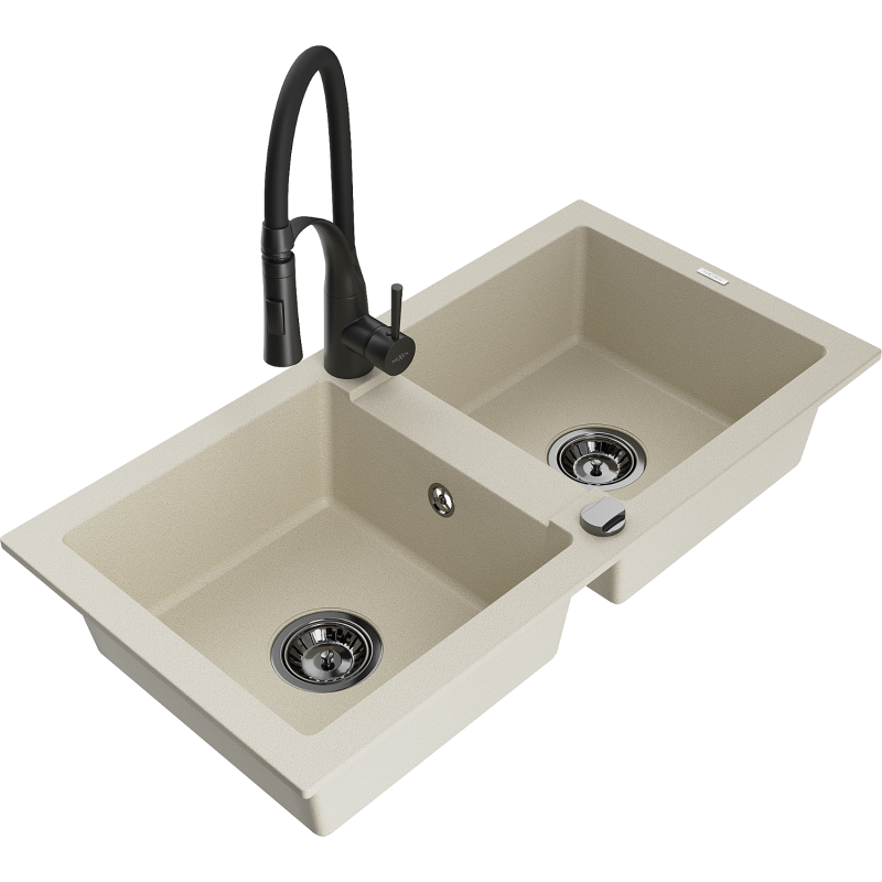 Mexen Mario lavello da cucina in granito a 2 vasche con miscelatore Aster, beige - 6504-69-73450-70-B
