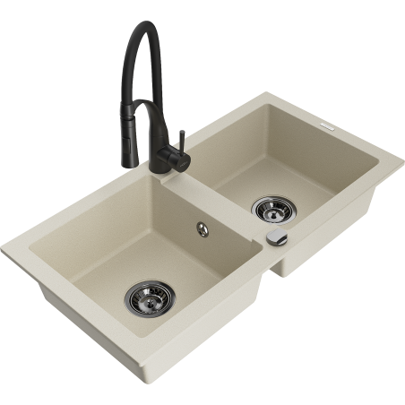 Mexen Mario granitische gootsteen met 2 kamers en keukenmengkraan Aster, beige - 6504-69-73450-70-B
