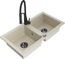 Mexen Mario 2-bowl granite sink with Aster kitchen faucet, beige - 6504-69-73450-70-B