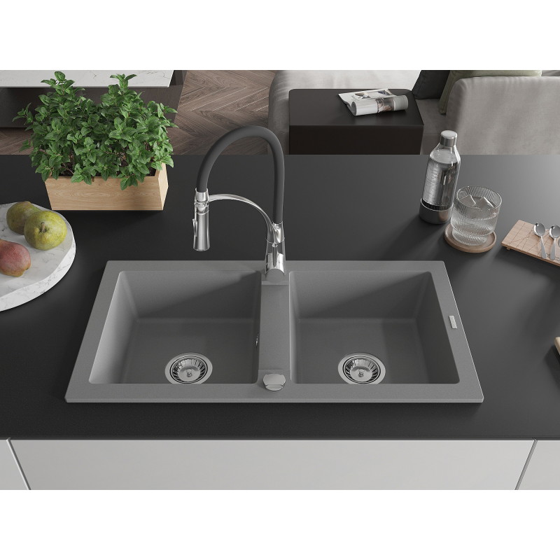 Mexen Mario fregadero de granito de 2 senos con grifo de cocina Aster, gris - 6504-71-73450-07