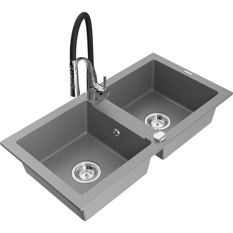 Mexen Mario fregadero de granito de 2 cubetas con grifo de cocina Aster, gris - 6504-71-73450-07