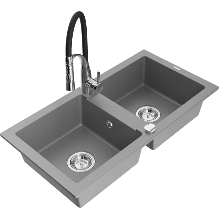 Mexen Mario fregadero de granito de 2 cubetas con grifo de cocina Aster, gris - 6504-71-73450-07