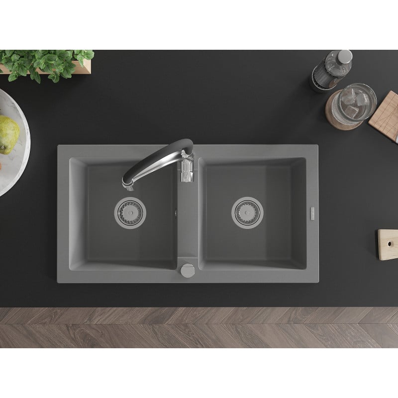 Mexen Mario fregadero de granito de 2 cubetas con grifo de cocina Aster, gris - 6504-71-73450-07