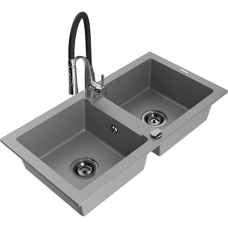 Mexen Mario fregadero de granito de 2 compartimentos con grifo de cocina Aster, gris - 6504-71-73450-07-B