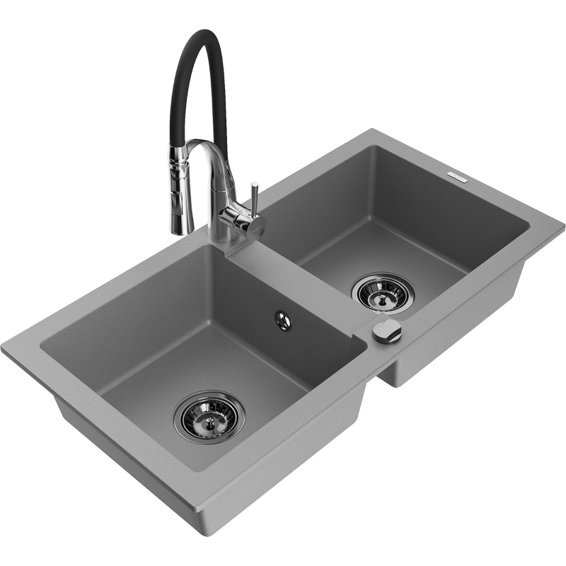 Mexen Mario lava-loiça de granito de 2 cubas com torneira de cozinha Aster, cinza - 6504-71-73450-07-B