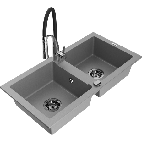 Mexen Mario granitische 2-kamer gootsteen met keukenmengkraan Aster, grijs - 6504-71-73450-07-B