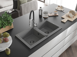 Mexen Mario lavello in granito a 2 vasche con miscelatore cucina Aster, grigio - 6504-71-73450-07-B
