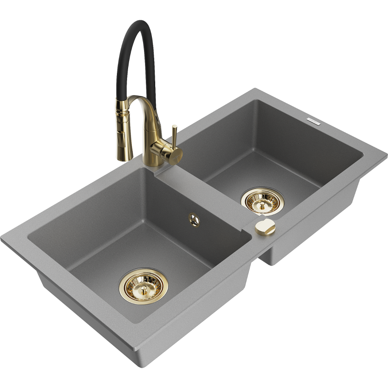 Mexen Mario lavello in granito a 2 vasche con rubinetto da cucina Aster, grigio - 6504-71-73450-57-G