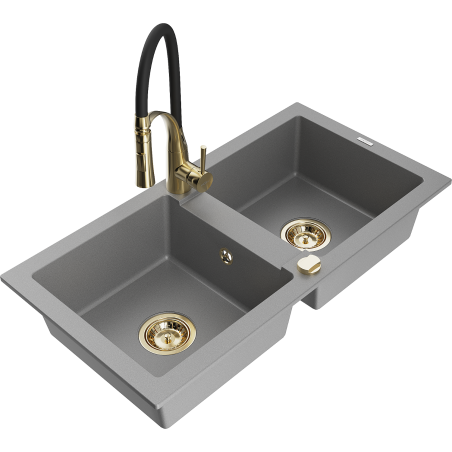 Mexen Mario Granitspüle 2-komor mit Küchenarmatur Aster, grau - 6504-71-73450-57-G