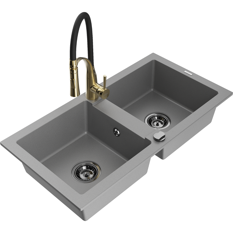 Mexen Mario fregadero de granito de 2 senos con grifo de cocina Aster, gris - 6504-71-73450-57-B