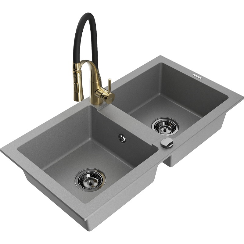 Mexen Mario granitspüle 2-becken mit küchenarmatur Aster, grau - 6504-71-73450-57-B