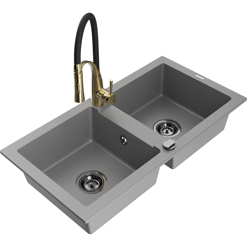 Mexen Mario lavabo in granito a 2 vasche con rubinetto da cucina Aster, grigio - 6504-71-73450-57-B