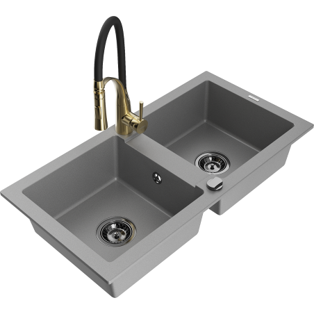 Mexen Mario fregadero de granito de 2 senos con grifo de cocina Aster, gris - 6504-71-73450-57-B