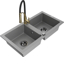 Mexen Mario lavabo in granito a 2 vasche con rubinetto da cucina Aster, grigio - 6504-71-73450-57-B
