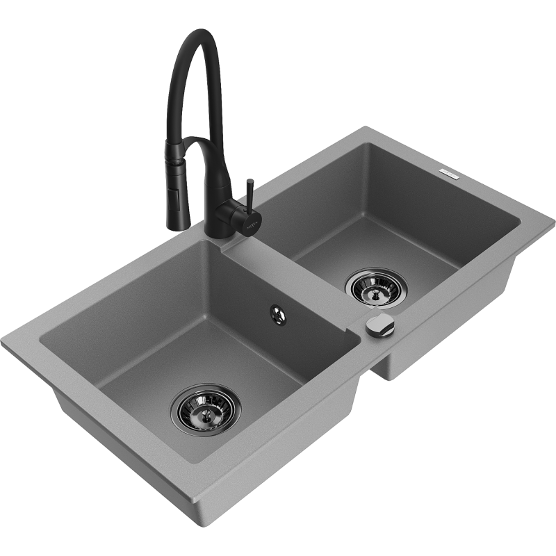 Mexen Mario 2-Bowl Granite Sink with Aster Kitchen Tap, Grey - 6504-71-73450-70-B