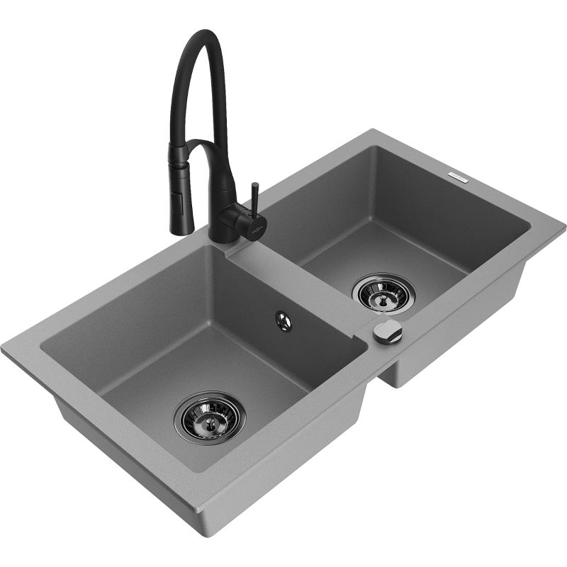 Mexen Mario lavello da cucina in granito a 2 vasche con rubinetto Aster, grigio - 6504-71-73450-70-B